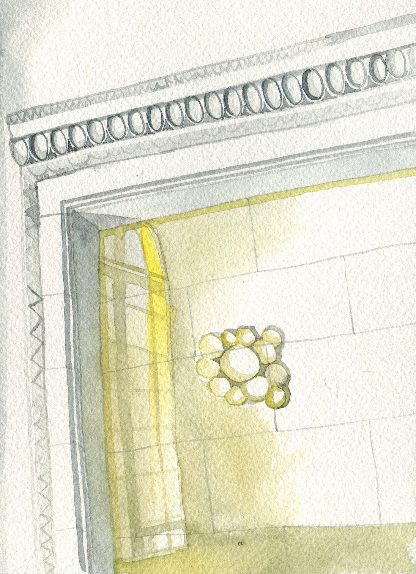 Installation view of Porcelain, No Simple Matter: Arlene Shechet and the Arnhold Collection at the Frick (original watercolor painting by the author for Hyperallergic)