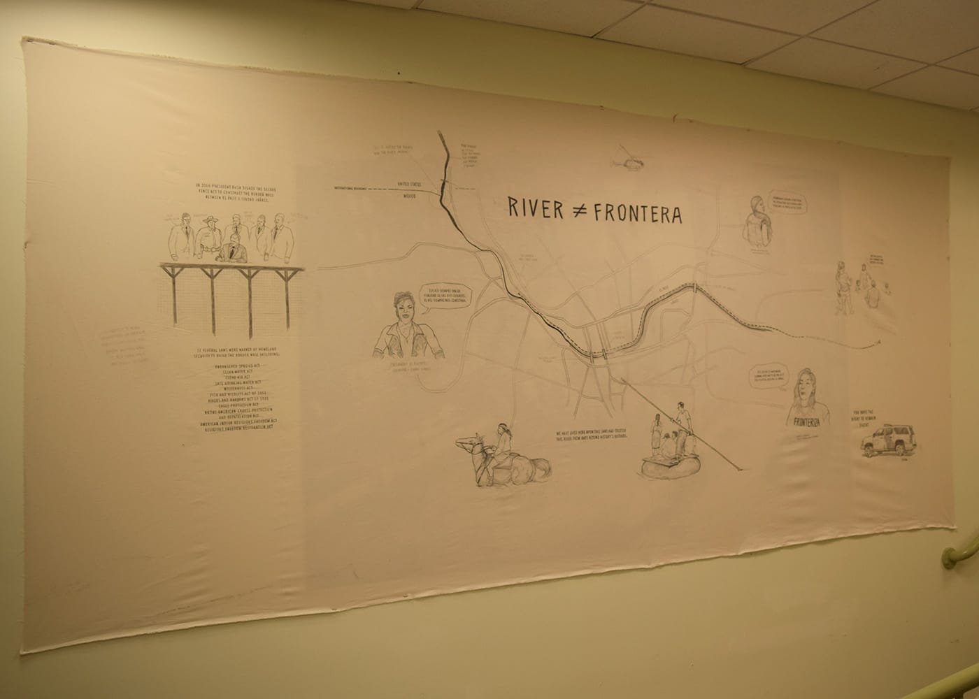 Zeke Peña, "River ≠ Border," graphite on cloth, with oral histories and score by Eureka The Butcher (all photos by the author for Hyperallergic)