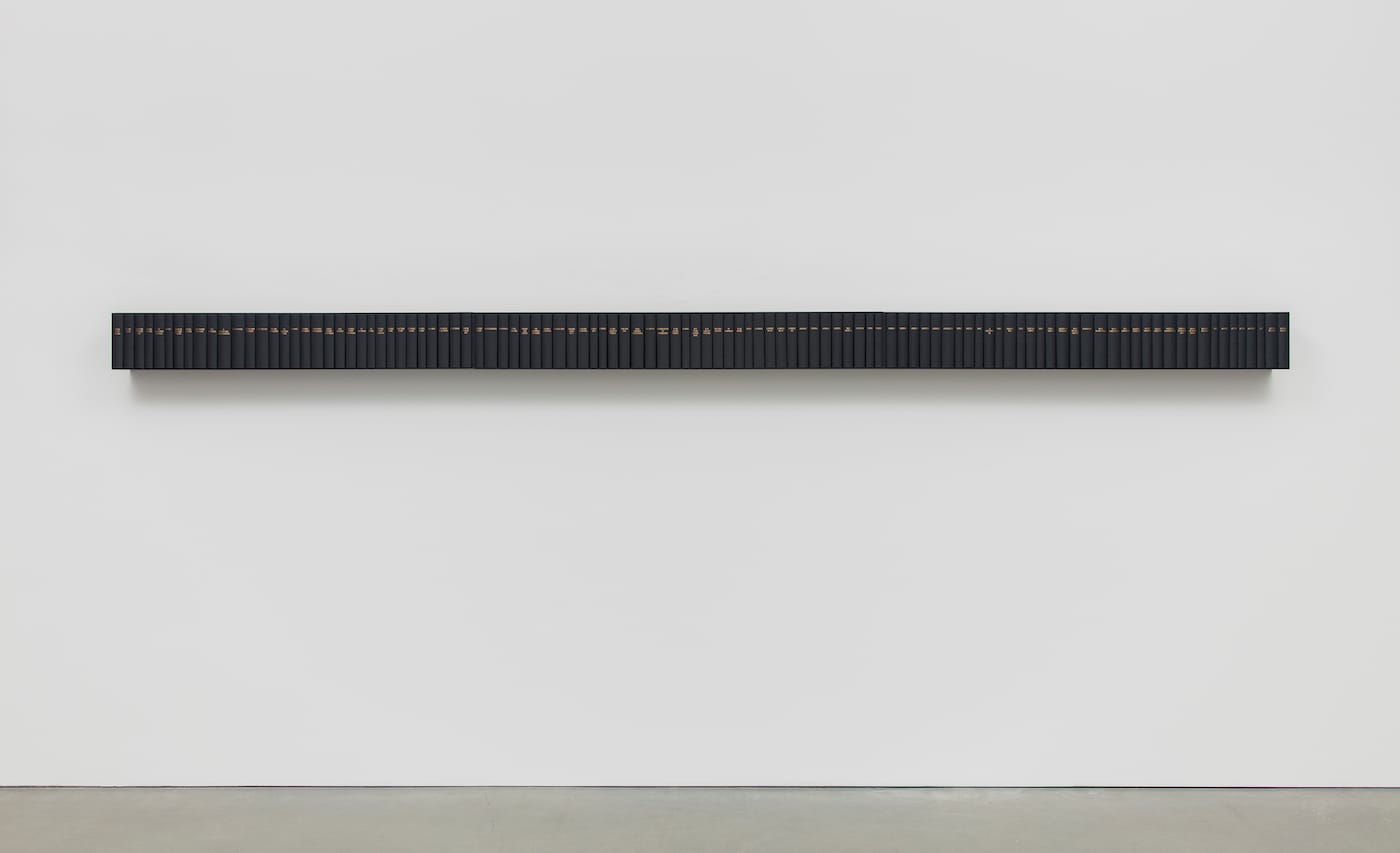 Theaster Gates, "Like Space on a Page" (2017), bound Jet magazines, steel shelves, 8 1/4 x 169 3/8 x 6 3/8 in