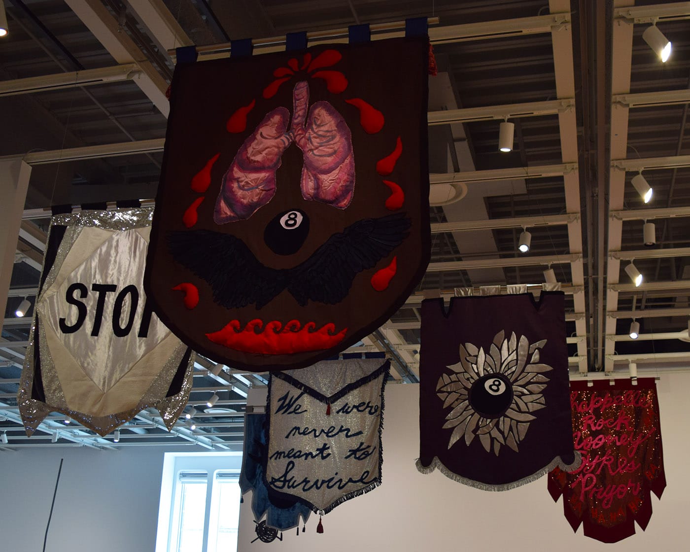 Detail of Cauleen Smith's "In the Wake" (2017) banners