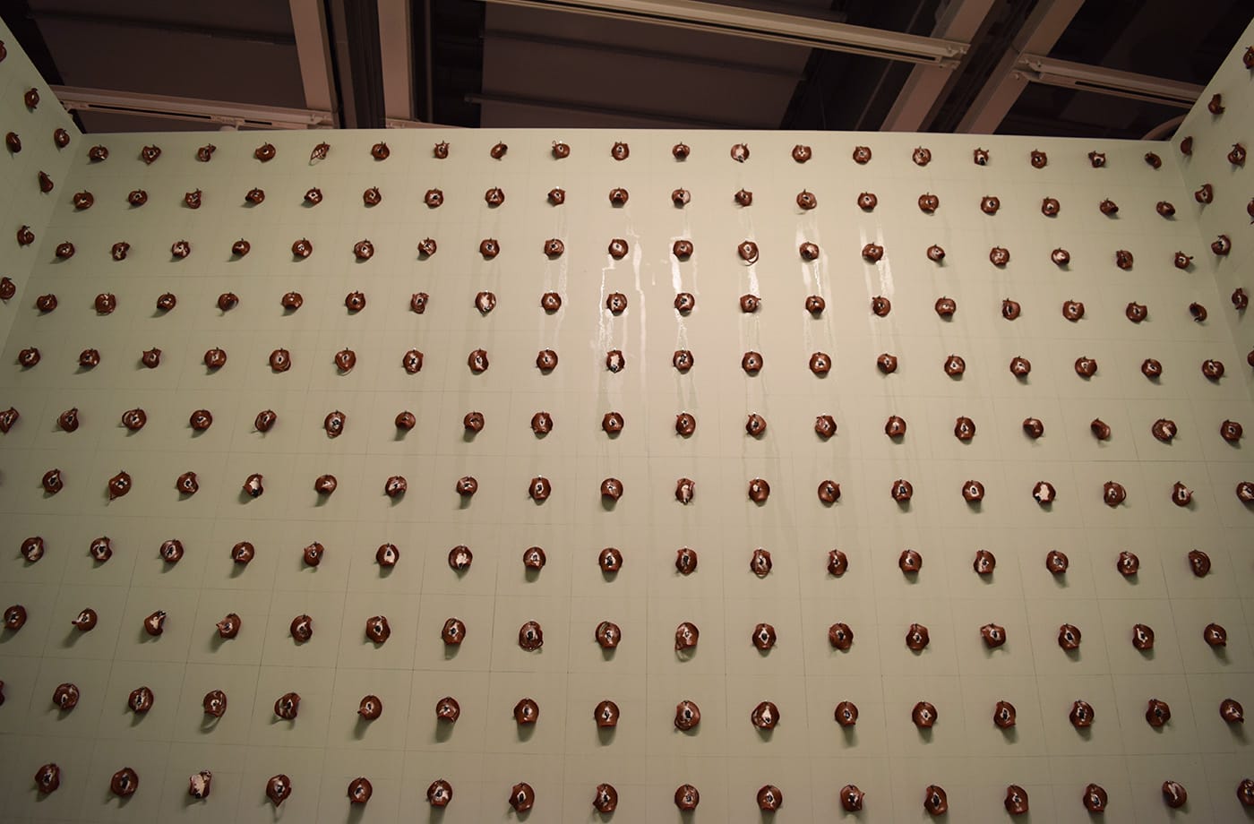 Detail of Pope.L's "Claim (Whitney Version)" (2017), an installation that includes 2,755 slices of bologna