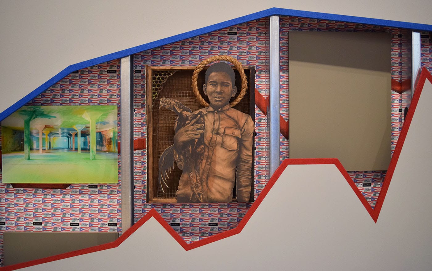 Detail of the Occupy Museums installation "Debtfair" (2017) with works by Sofia Maldonado (left) and Adrian Roman (right)