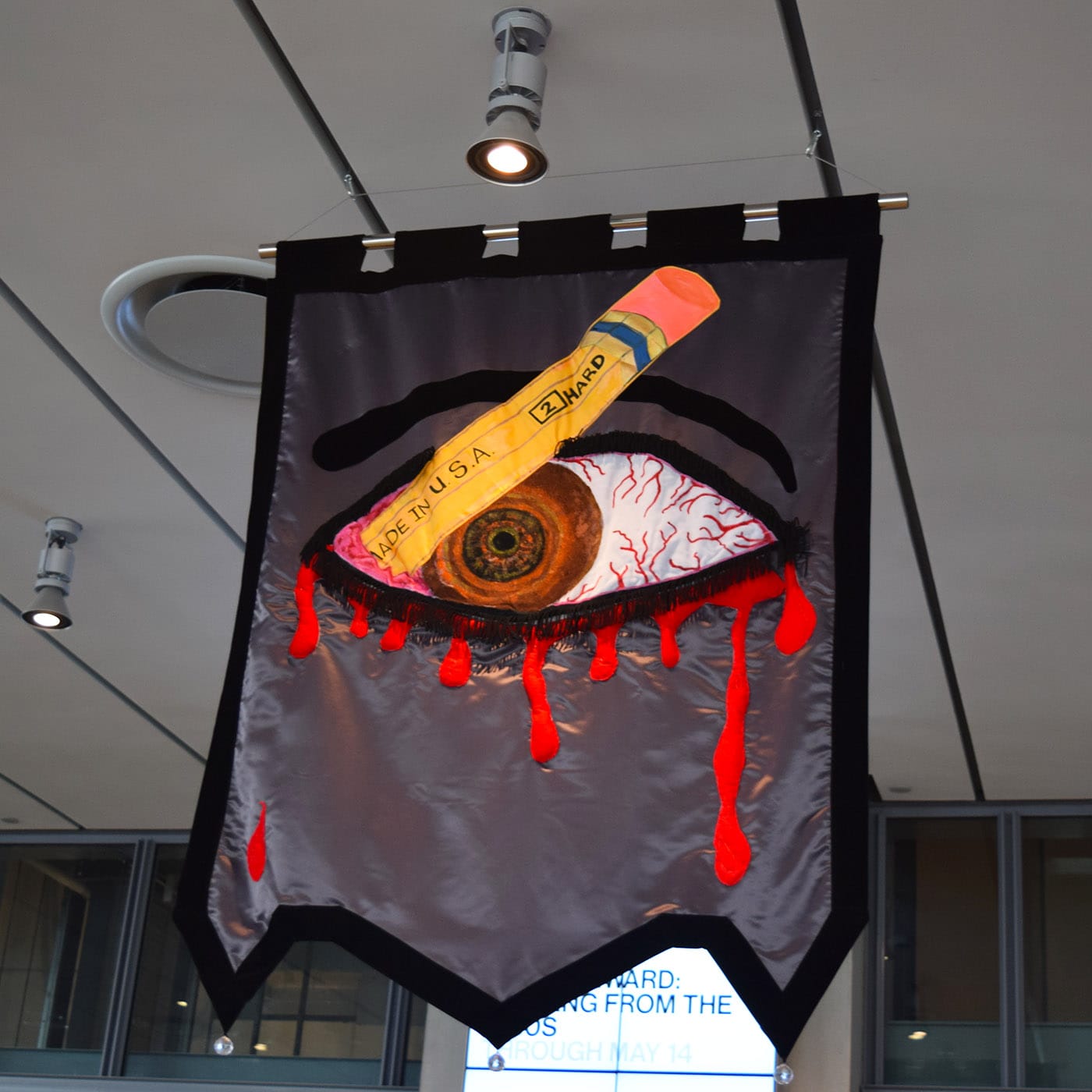 Detail of Cauleen Smith's "In the Wake" (2017) banners in the Whitney Museum lobby