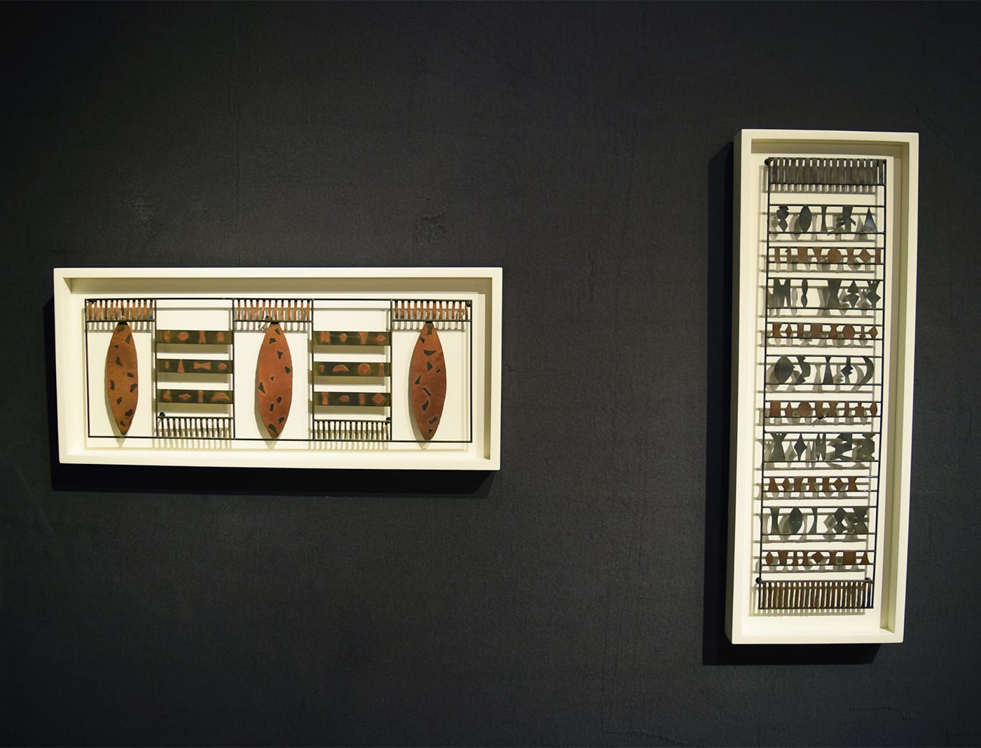 Untitled copper and brass sculptures (both ca 1950) by Evelyn Statsinger in the Richard Gray Gallery booth at the 2017 ADAA Art Show