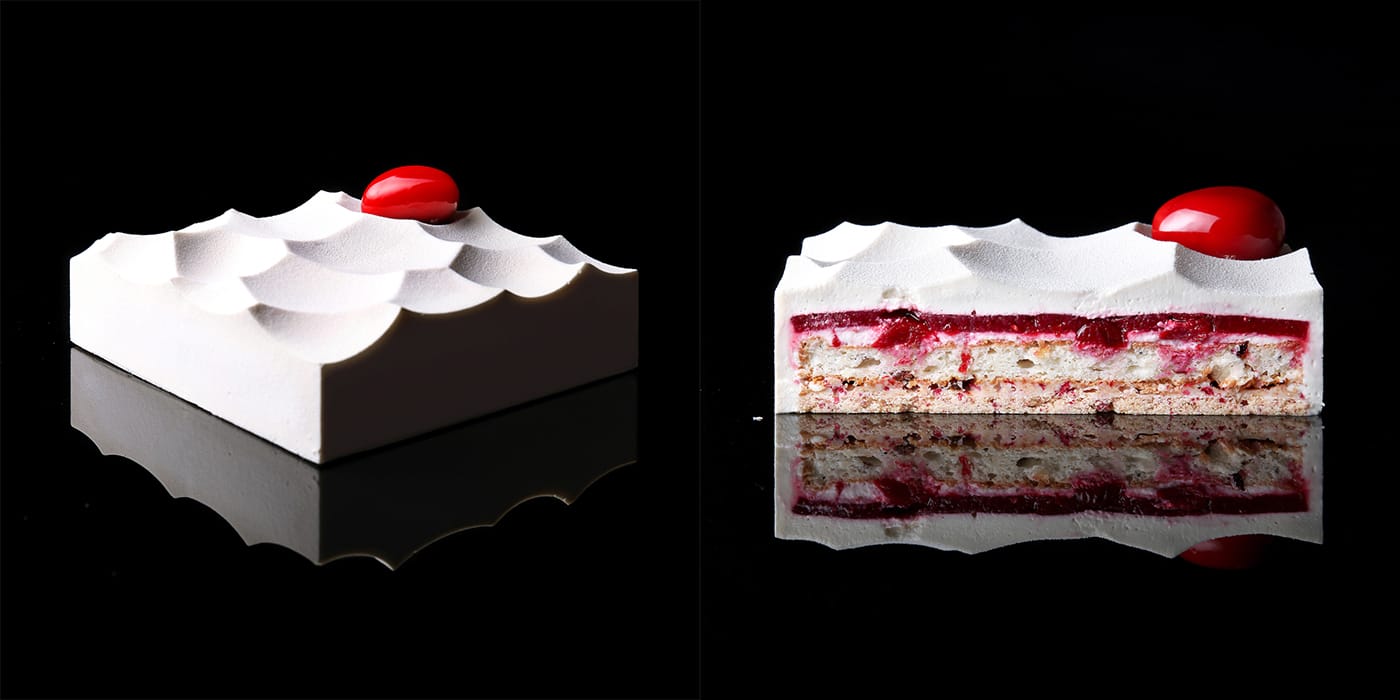 The Voronoi cells with berries, with shortcrust dough, crispy layer, berry sponge cake, berry confit, mousse with Pina Colada tea, by Dinara Kasko