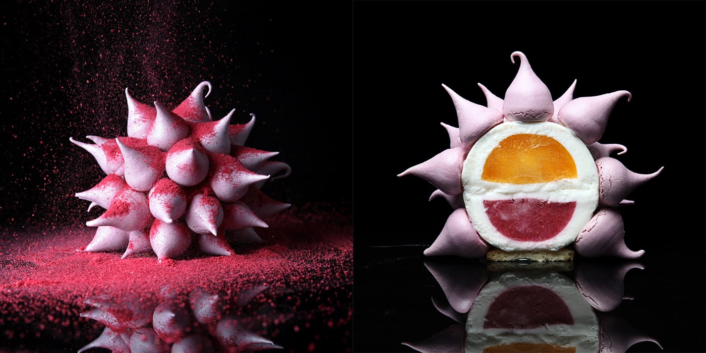 The "AntiPavlova" — meringue, mousse with mascarpone, mango, strawberry, and raspberry powder — by Dinara Kasko