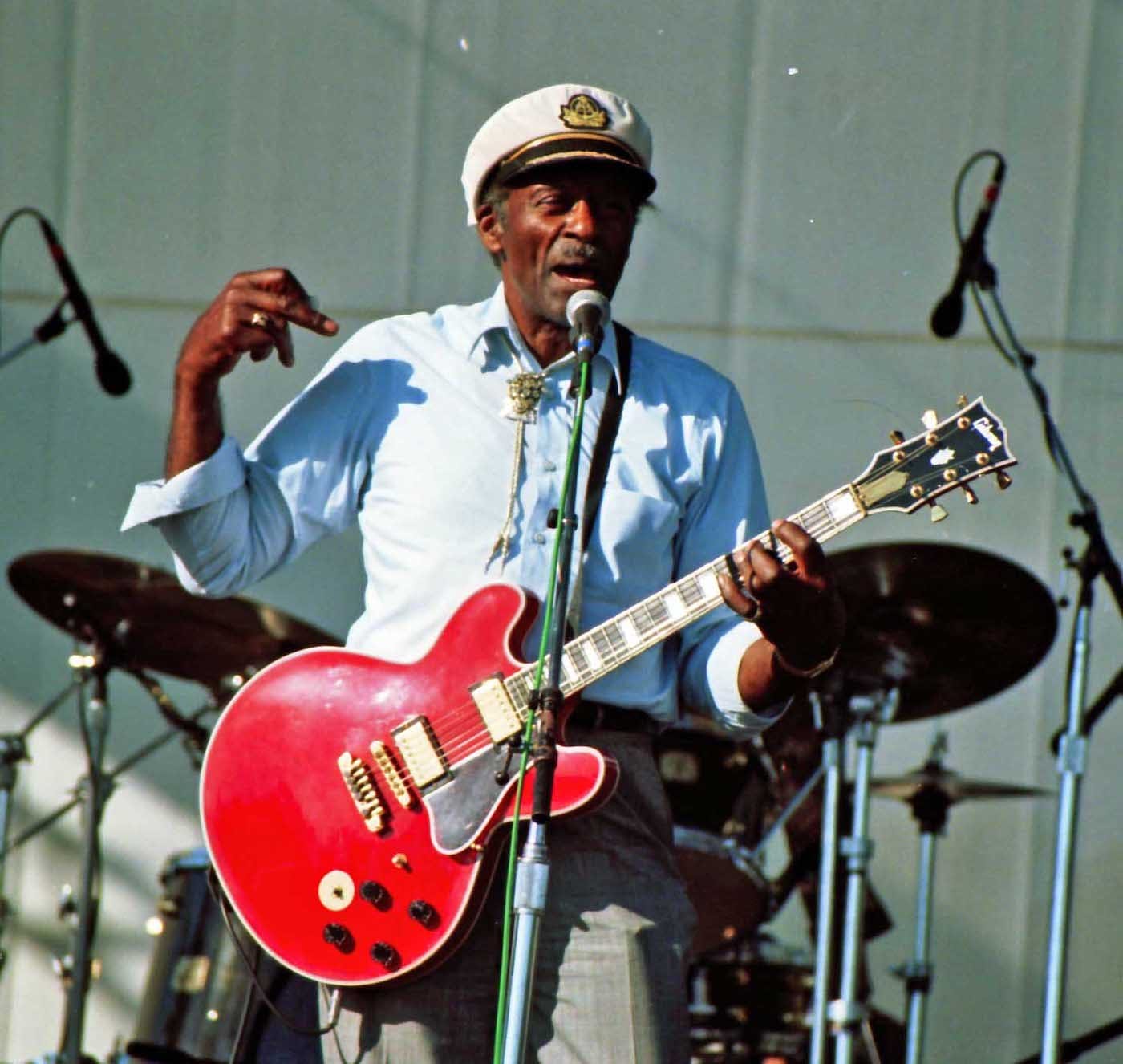 Chuck Berry performing at the Long Beach Blues Festival in 1997 (photo by Masahiro Sumori, via Wikimedia Commons)