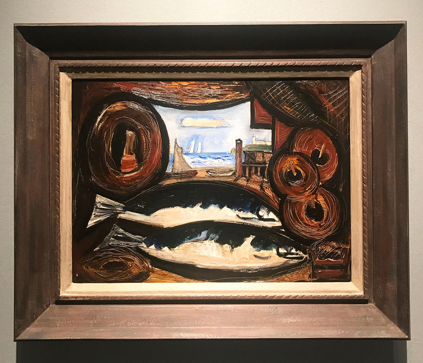 Marsden Hartley, "New England Sea View - Fish House" (1934), oil on academy board, 12 x 24 in (photo Benjamin Sutton/Hyperallergic)