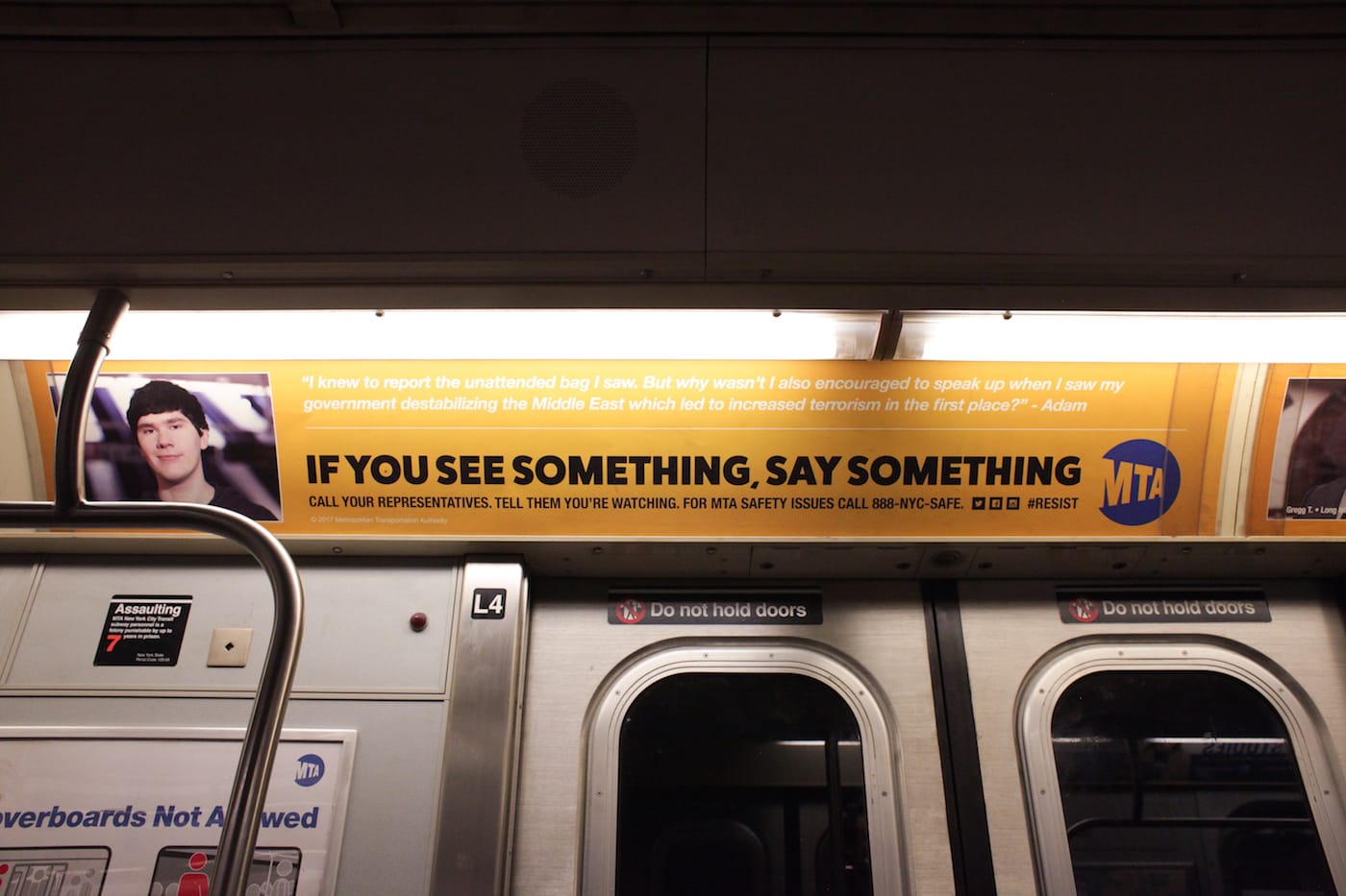 One of the substitute MTA ads, which reads: "I knew to report the unattended bag I saw. But why wasn't I also encouraged to speak up when I saw my government destabilizing the Middle East which led to increased terrorism in the first place?"
