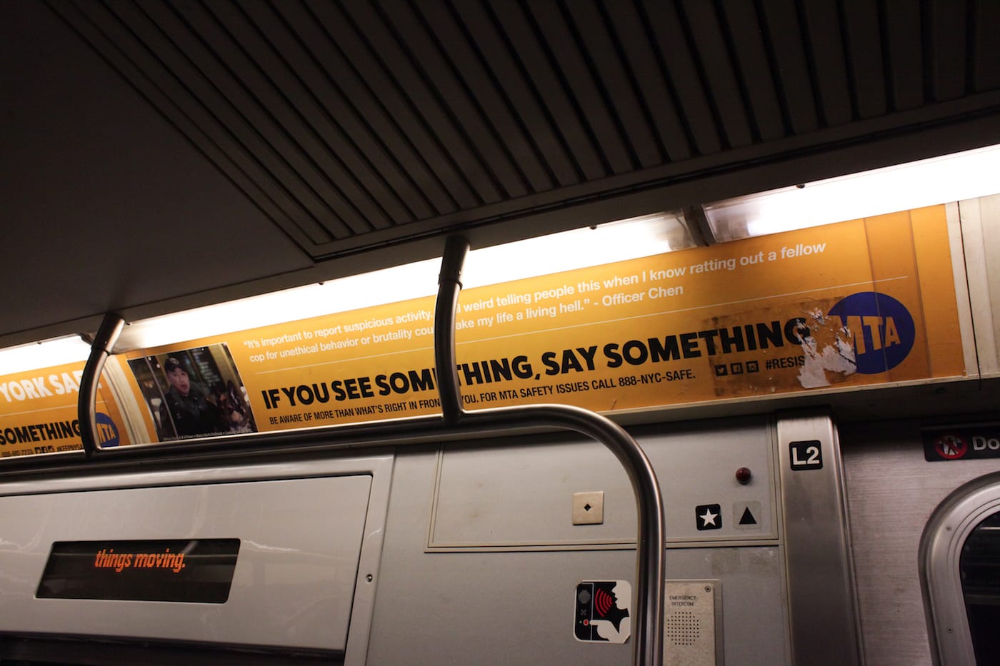 One of the substitute MTA ads, which reads: "It's important to report suspicious activity. I feel weird telling people this when I know ratting out a fellow cop for unethical behavior or brutality could make my life a living hell."
