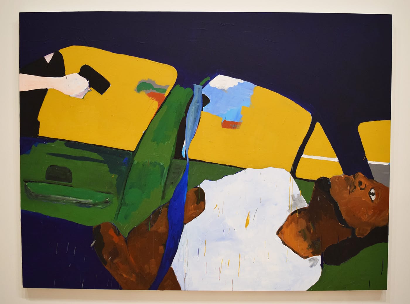 Henry Taylor, “THE TIMES THAY AINT A CHANGING, FAST ENOUGH! (2017), acrylic on canvas, 72 x 96 in (photo by Benjamin Sutton for Hyperallergic)