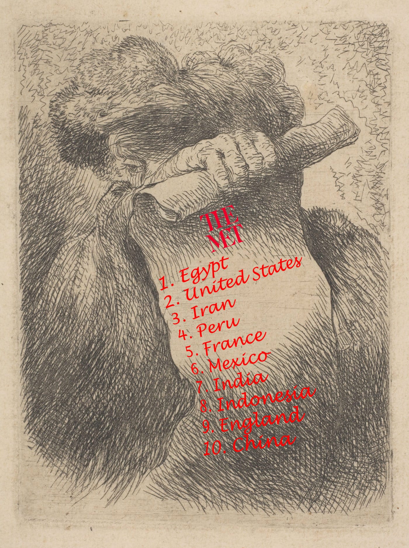 The top ten countries represented in the Metropolitan Museum's permanent collection (image, “Man Holding a Scroll” by Giovanni Benedetto Castiglione, courtesy the Metropolitan Museum of Art, licensed under CC0 1.0; illustration by the author for Hyperallergic)