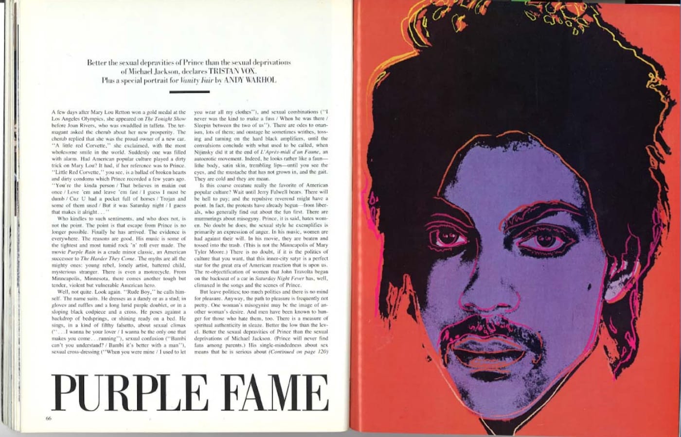 One of Andy Warhol's <em>Prince</em> prints was used to illustrate an article about the musician in <em>Vanity Fair</em> in 1984. (image via Andy Warhol Foundation legal document)