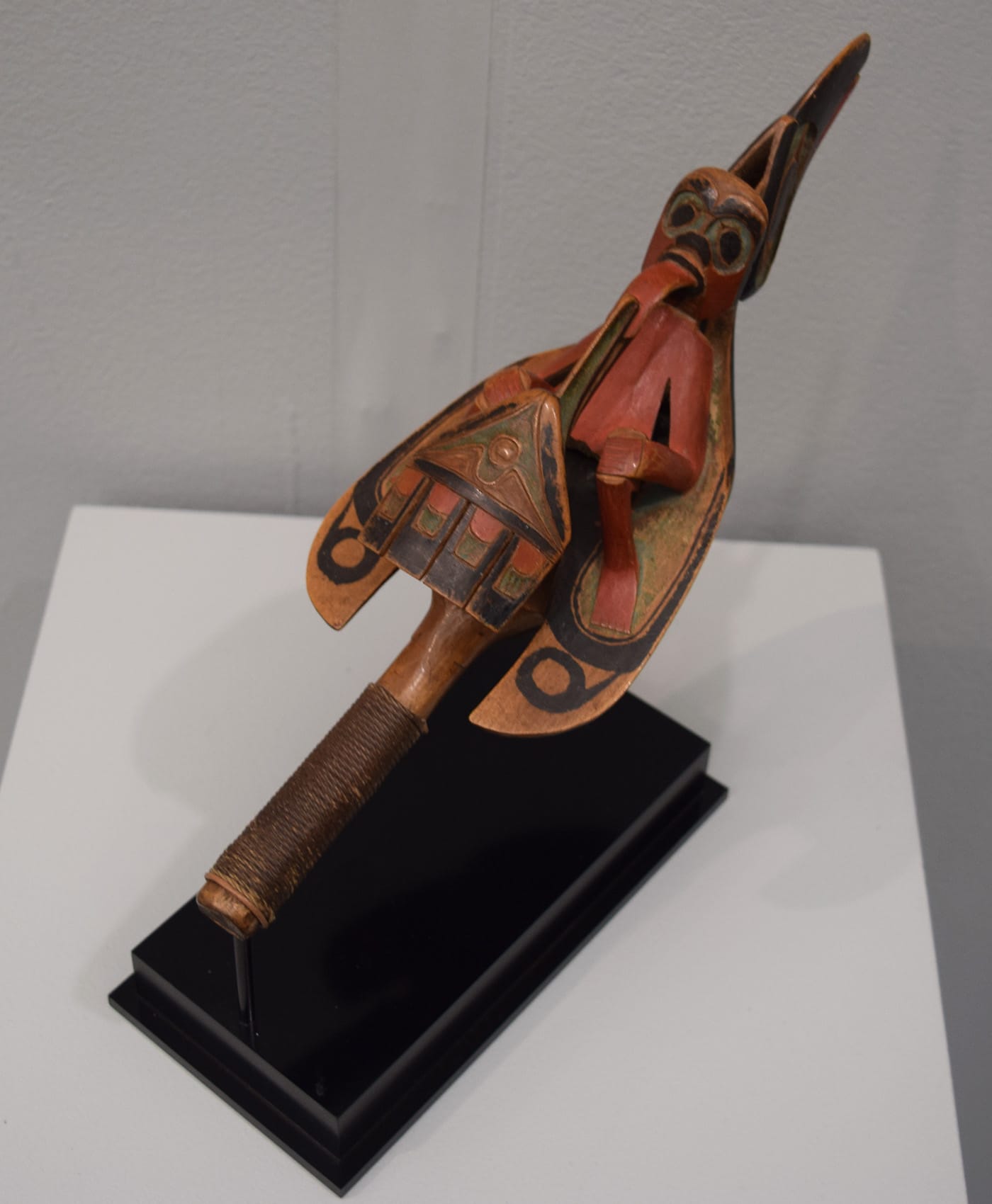 A raven rattle from either the Tlingit or Tsimshian people of southeast Alaska and Northern British Columbia (ca 1870) in the Donald Ellis Gallery booth