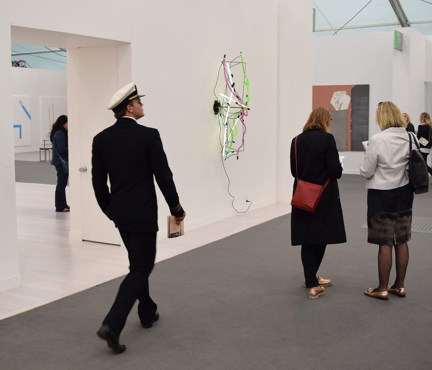 Dora Budor's Frieze Project "MANICOMIO!" (2017) consisted of hiring actors who resemble Leonardo DiCaprio to walk around the fair dressed as his characters from Catch Me If You Can, The Wolf of Wall Street, and The Revenant