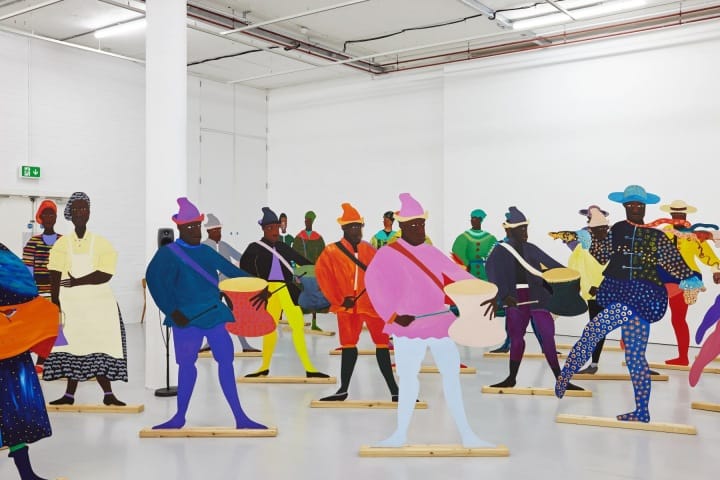 Lubaina Himid, "Naming the Money" (2004), installation view of <em>Navigation Charts</em> at Spike Island, Bristol (2017) (courtesy the artist, Hollybush Gardens, and National Museums, Liverpool; photo by Stuart Whipps)