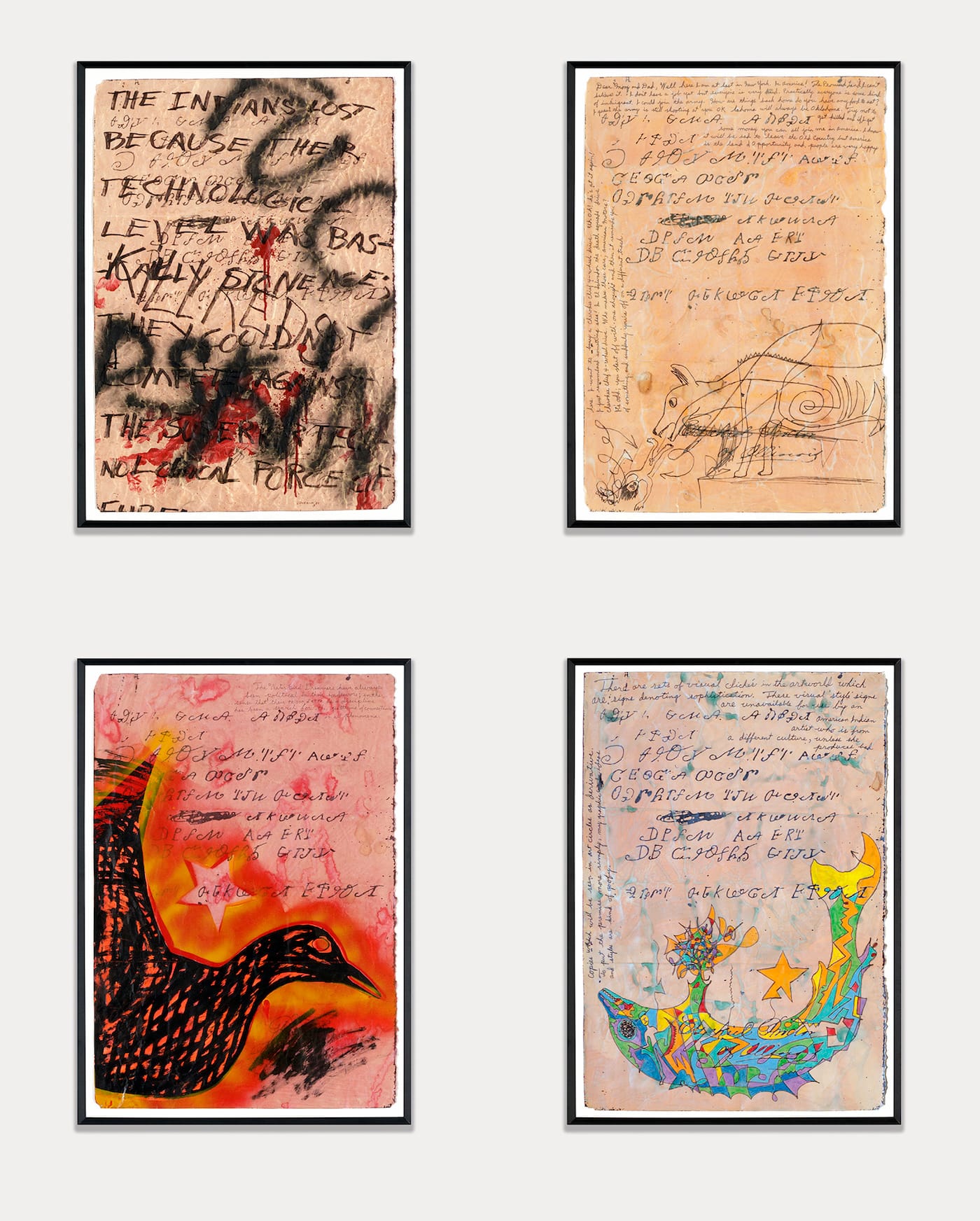 Jimmie Durham, "Zeke Proctor’s Letter" (1989), acrylic paint, ink, and enamel spray paint on paper, 32 1/8 x 22 in each, Hammer Museum, Los Angeles (photo courtesy kurimanzutto, Mexico City)