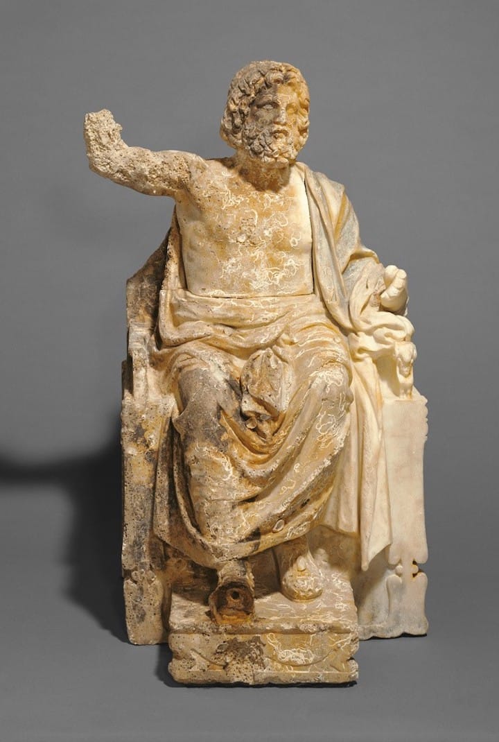 Statue of Zeus Enthroned, artist unknown, Greek, about 100 BCE, marble, 29 1/8 x 18 1/8 x 17 15/16 in (photo courtesy the J. Paul Getty Museum)