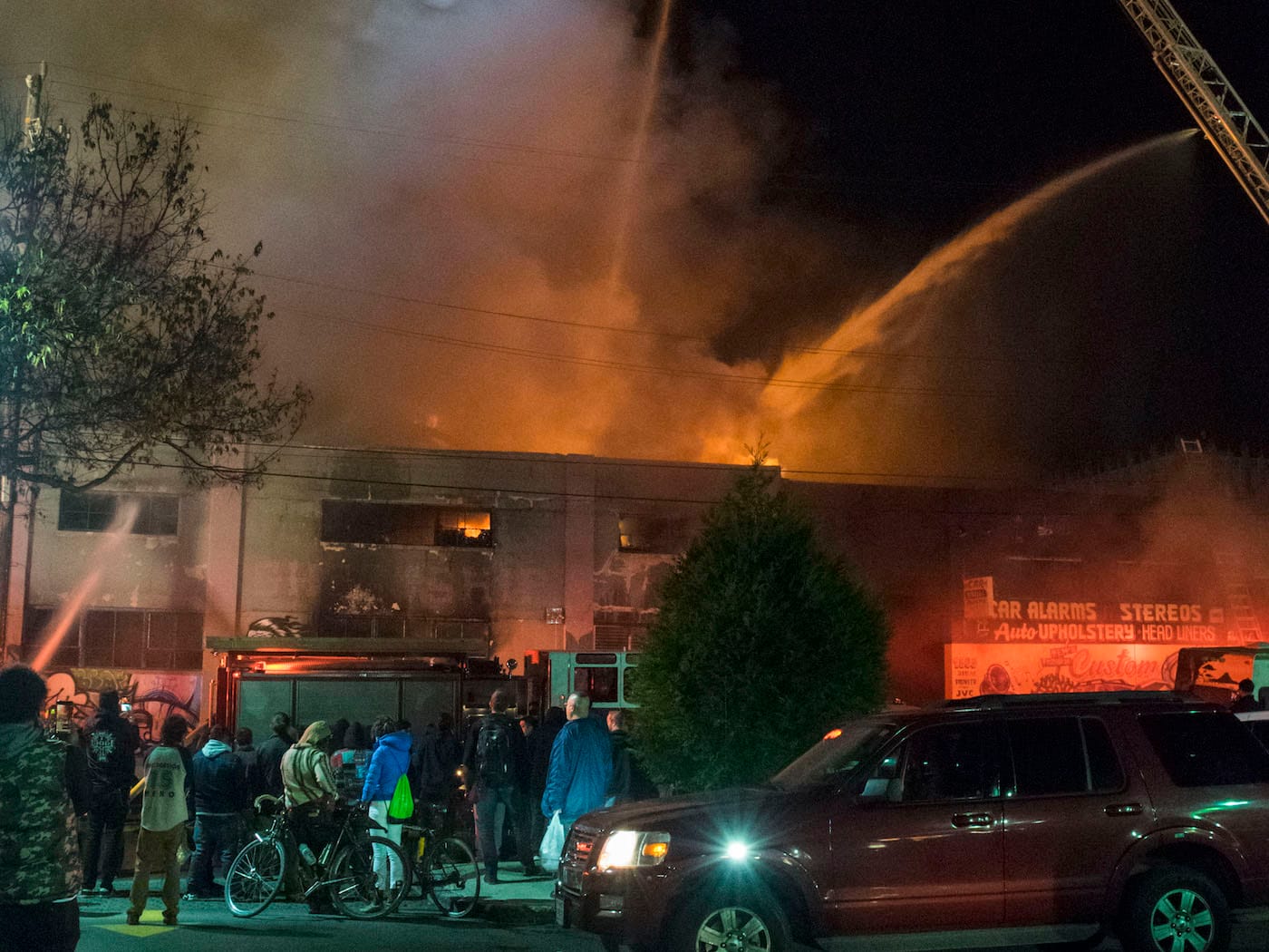 The fire at the Ghost Ship warehouse on December 2, 2017, killed 36. (photo by Julianna Brown, via Wikimedia Commons)