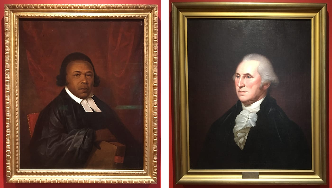 Raphaelle Peale, "Absalom Jones" (1910), oil on paper mounted to board, gift of Absalom Jones School, 1971; Rembrandt Peale or Charles Willson Peale, "George Washington, (c.1825-1830), oil on canvas, bequest of Dr. Joseph Pyle, 1919