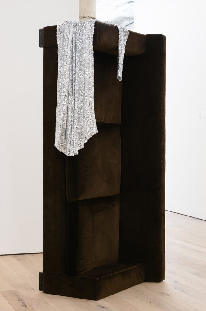 Kayode Ojo, "Untitled" (2017), dark chocolate ABC Home sofa / couch, women silver sequins long sleeves formal evening prom maxi cocktail party dress, 90 x 40 x 30 in