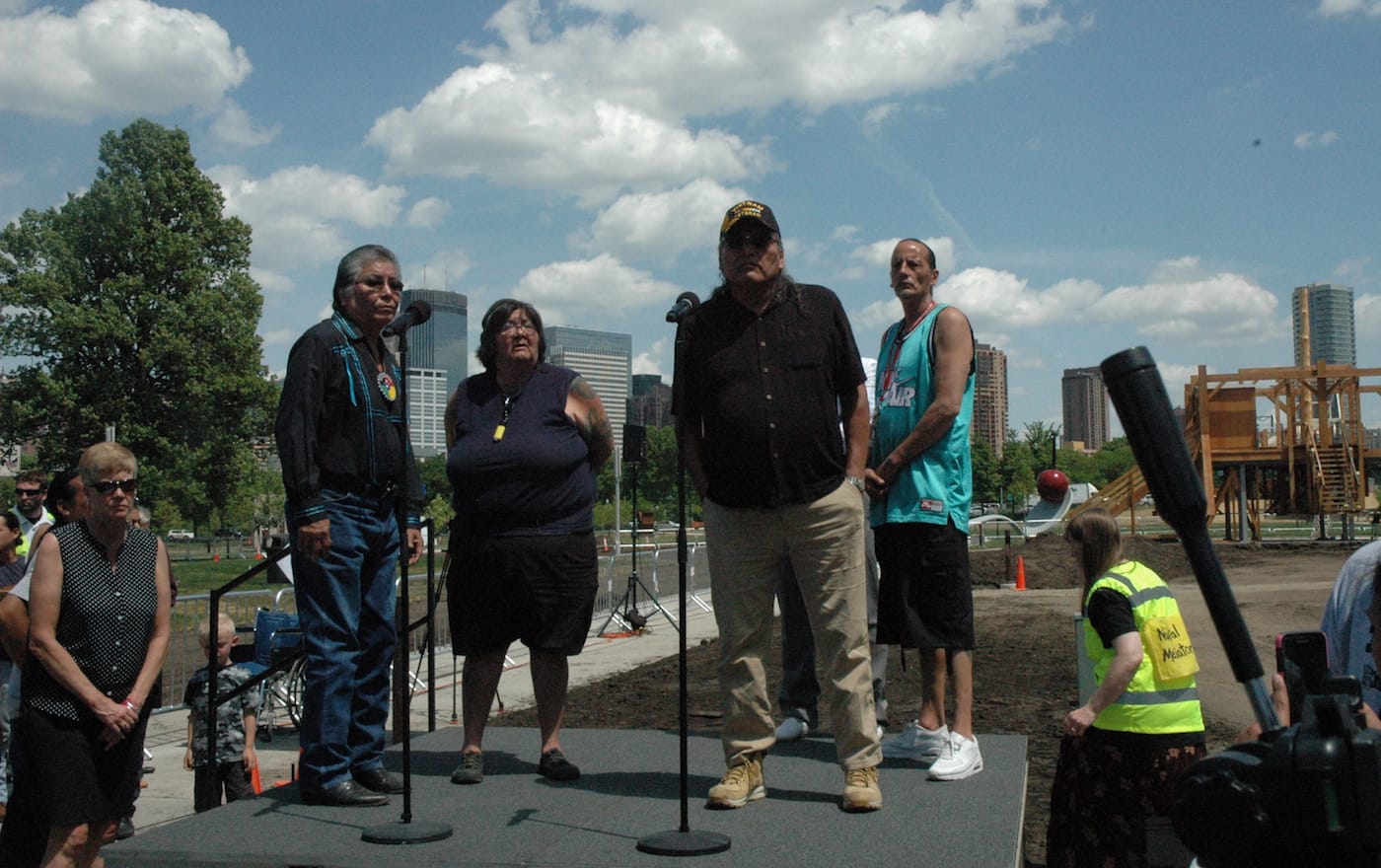 Dakota elders speak at Friday's ceremony at the Minneapolis Sculpture Garden