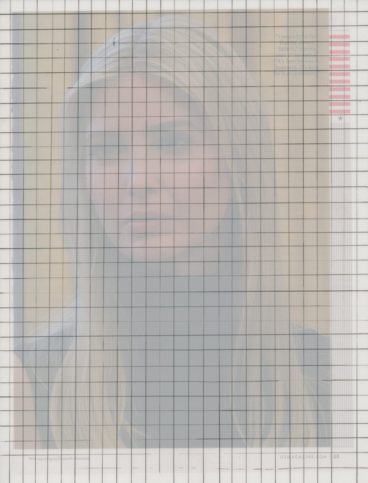 Cindy Hinant, "Celebrity Grid (It’s How He Is)" (2017), magazine page, ink, and mylar, 11 x 8 1/2 in (courtesy of the artist and yours mine & ours)