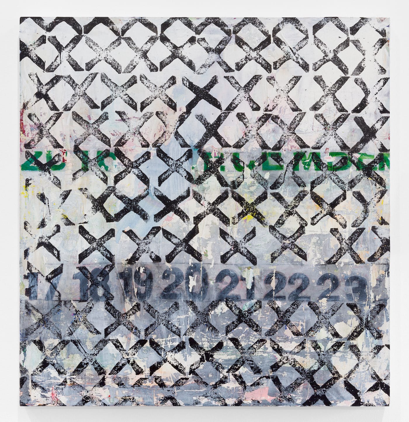 Rochelle Feinstein, "The Week in Hate" (2017), oil on canvas, 40 x 38 in (courtesy of On Stellar Rays and yours mine & ours)