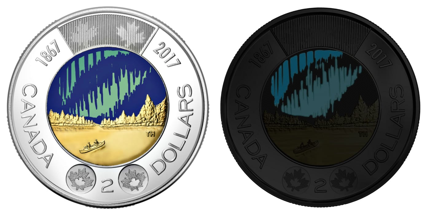 The glow-in-the-dark "Dance of the Spirits" $2 coin designed by Timothy Hsia (courtesy Royal Canadian Mint)