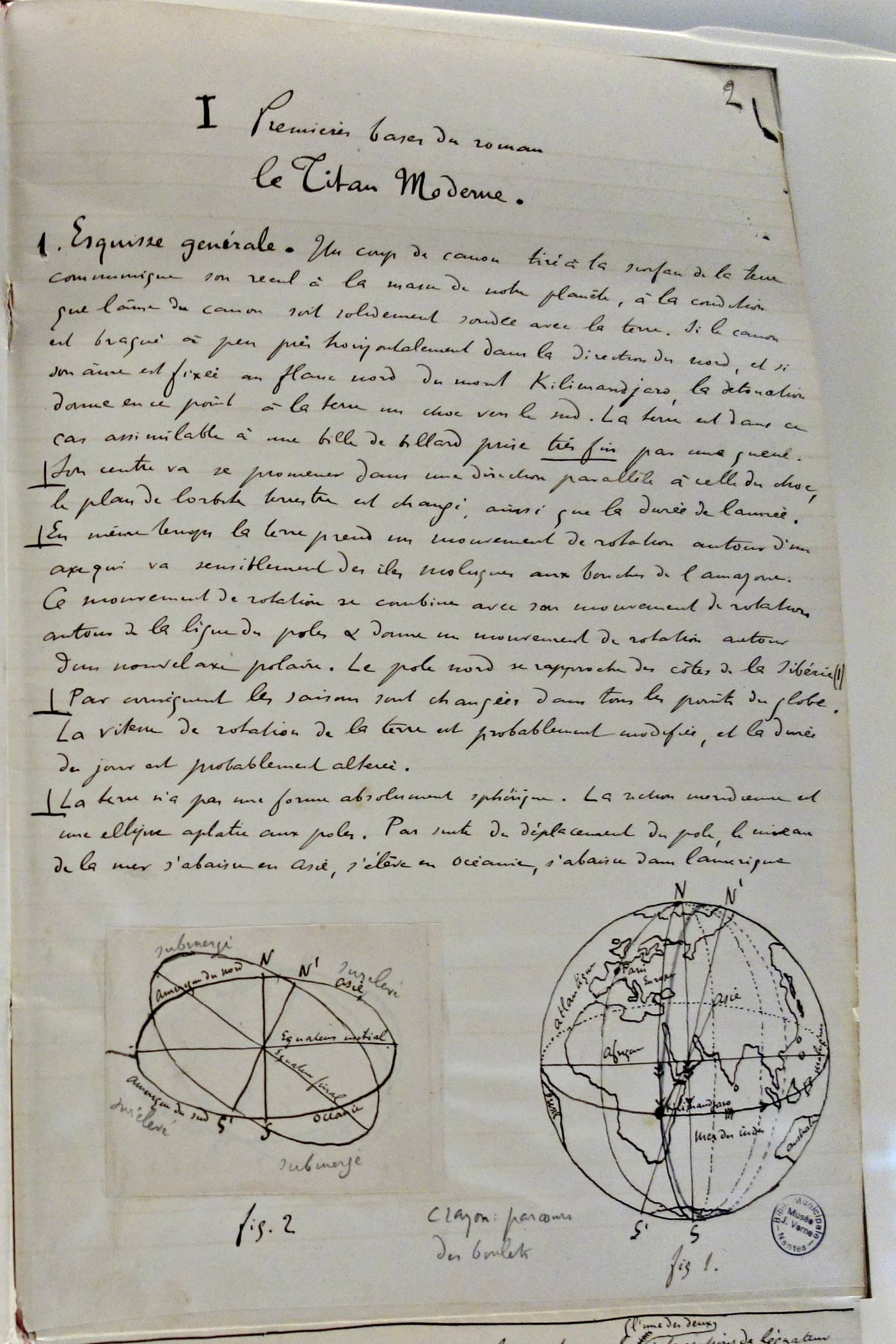 Albert Badoureau, "Le Titan Moderne: Notes et observations remises à Jules Verne pour la rédaction de son roman sans dessus dessous [The Modern Titan: Notes and observations presented to Jules Verne for the writing of his novel <em>The Purchase of the North Pole</em> or <em>Topsy-Turvy</em> (1888), manuscript page (photo by the author for Hyperallergic)