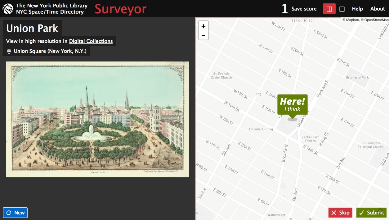 The New York Public Library Space/Time Directory's Surveyor (screenshot by the author for Hyperallergic)