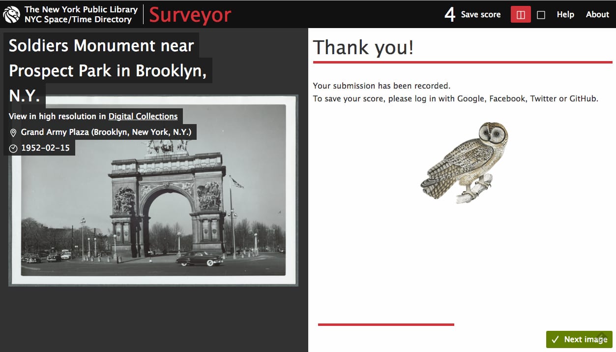 The New York Public Library Space/Time Directory's Surveyor (screenshot by the author for Hyperallergic)