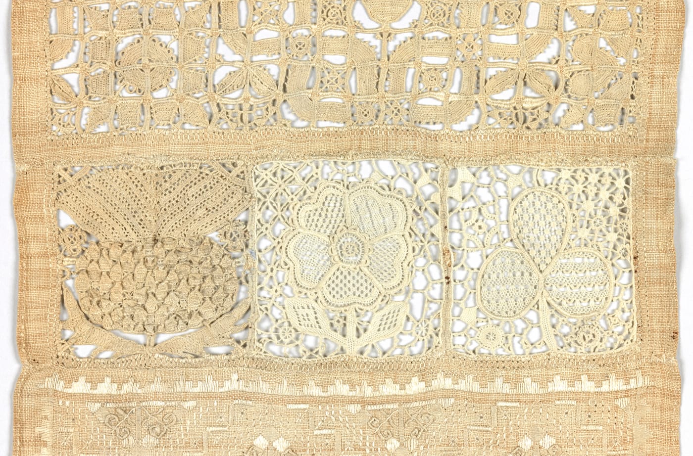 White work band sampler (1660), inscribed "Elizabeth Potter" (© The Fitzwilliam Museum, University of Cambridge)