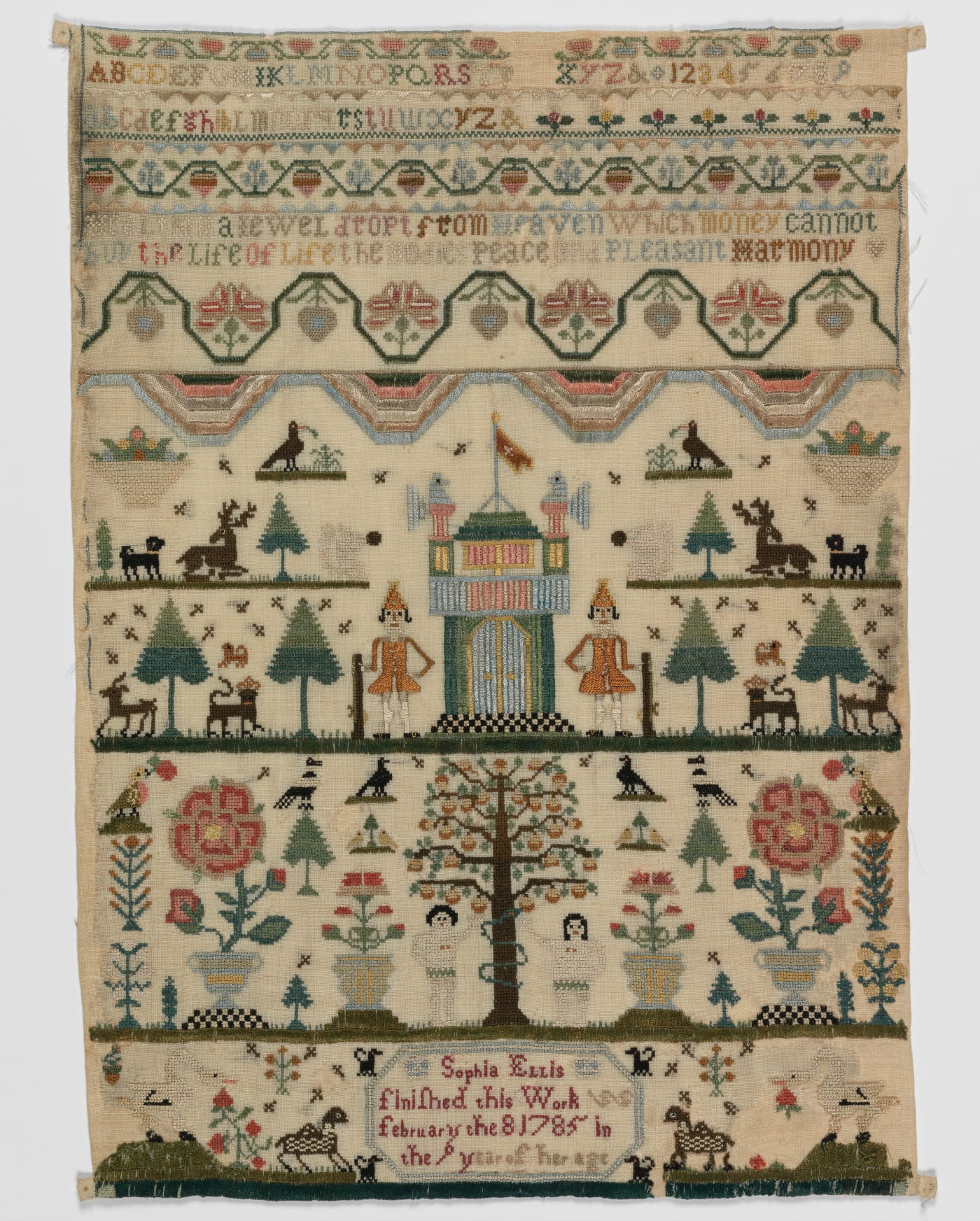 Band sampler with pictorial panels (1785), inscribed "Sophia Ellis" (© The Fitzwilliam Museum, University of Cambridge)