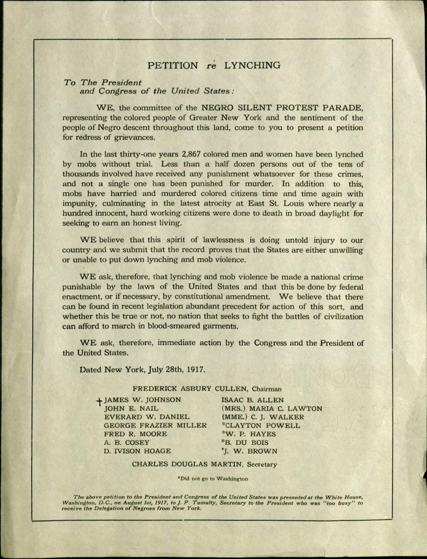 Petition on lynching to the White House from the 1917 NAACP Silent Protest Parade (courtesy James Weldon Johnson Memorial Collection of African American Arts and Letters, Yale Collection of American Literature, Beinecke Rare Book and Manuscript Library)