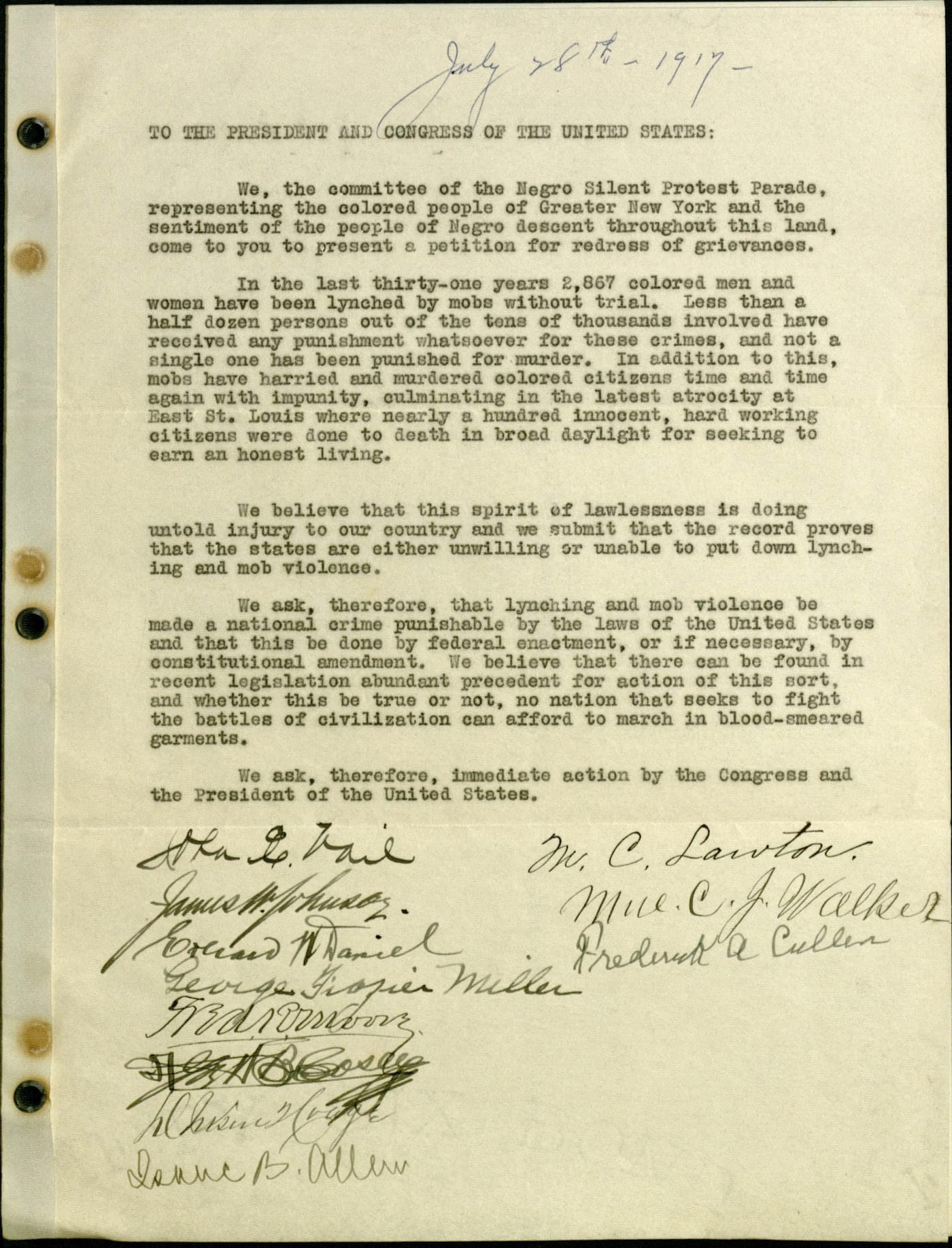 Petition to the White House from the 1917 NAACP Silent Protest Parade (courtesy James Weldon Johnson Memorial Collection of African American Arts and Letters, Yale Collection of American Literature, Beinecke Rare Book and Manuscript Library)