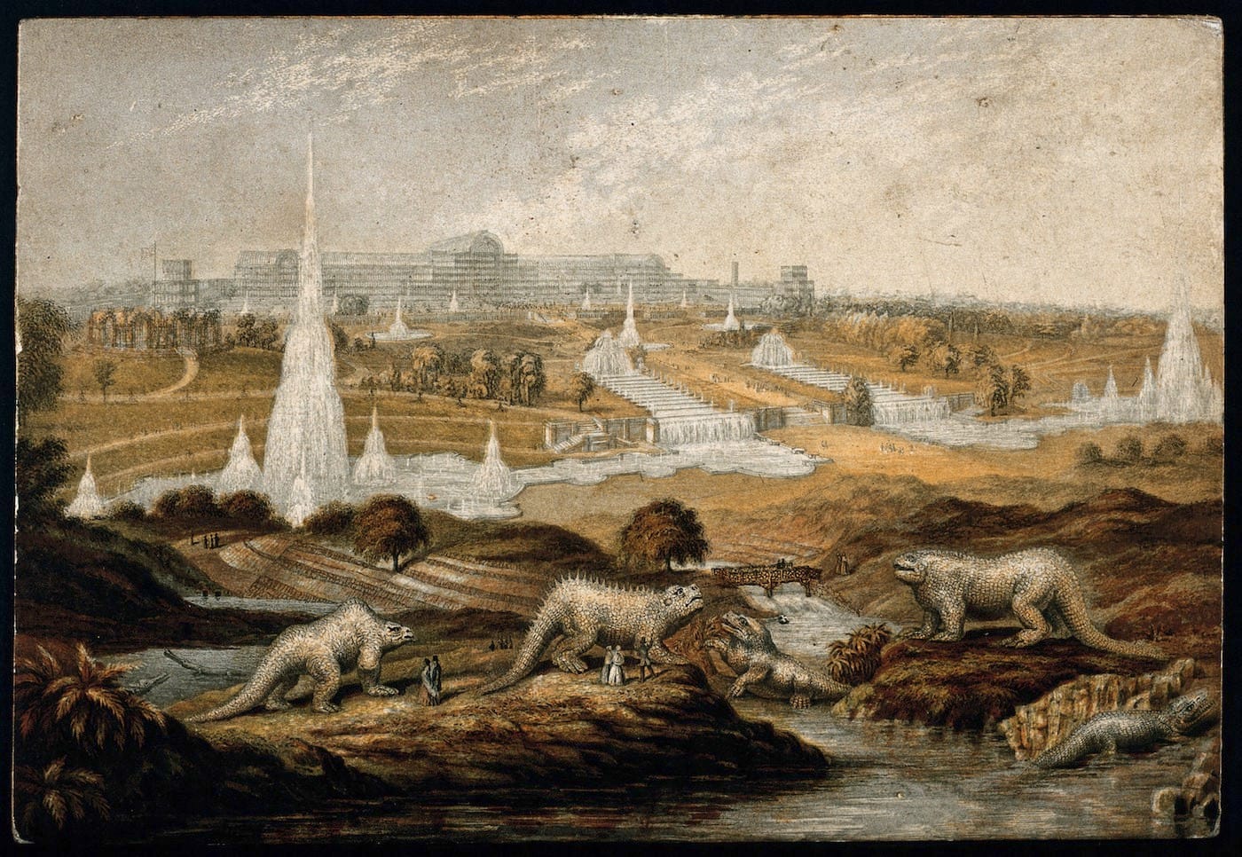 The Crystal Palace dinosaurs in a colored photomechanical print of the Great Exhibition (after 1854) (via Wellcome Images/Wikimedia)