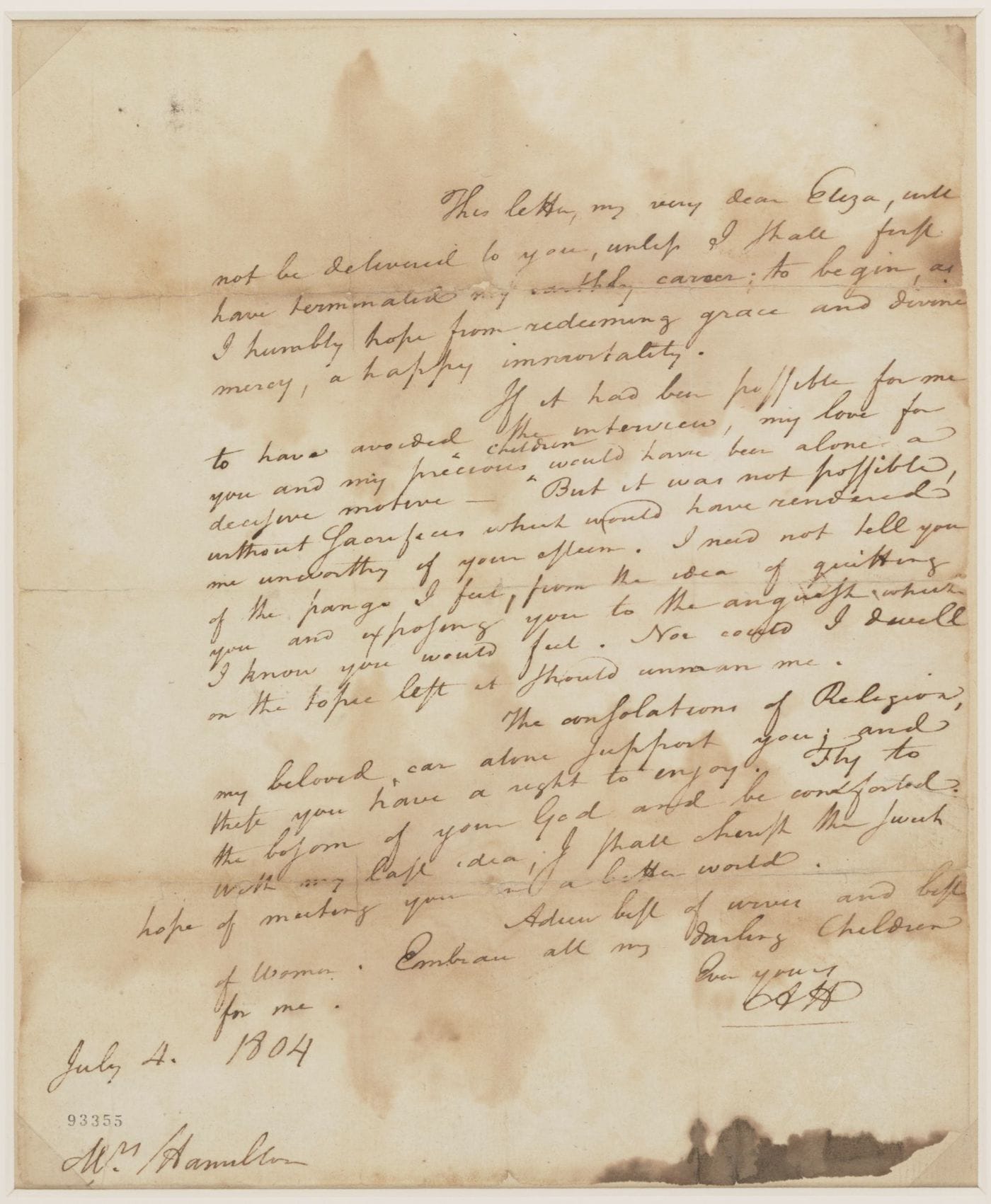 Letter from Alexander Hamilton to Elizabeth Schuyler Hamilton (July 4, 1804), written shortly before his duel with Aaron Burr (courtesy Alexander Hamilton Papers, Manuscript Division, Library of Congress)