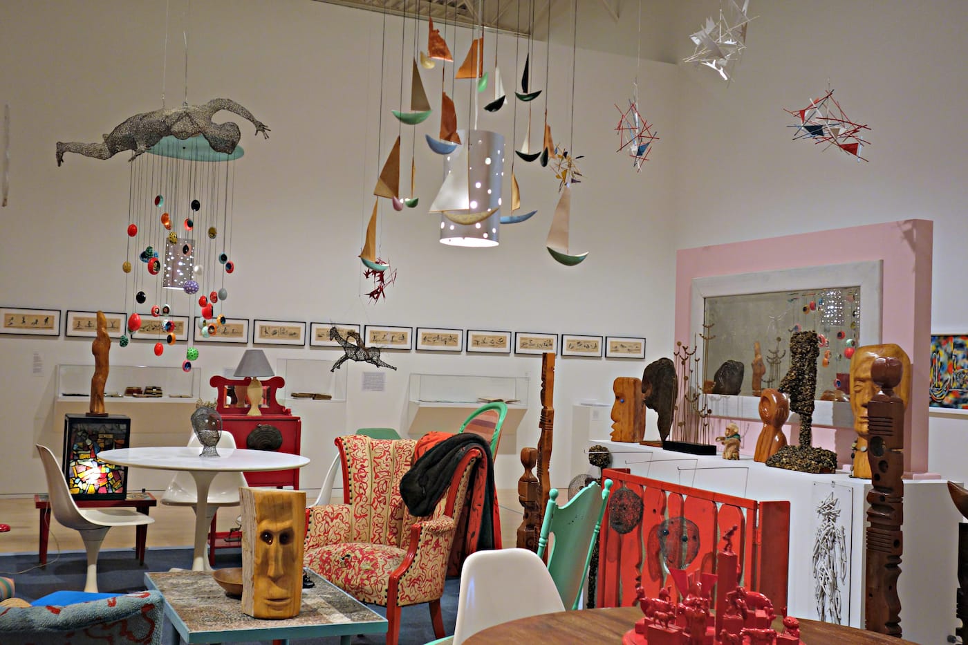 Installation view of Mary Nohl's living room in Greetings and Salutations and Boo at the John Michael Kohler Arts Center (photo by the author for Hyperallergic)