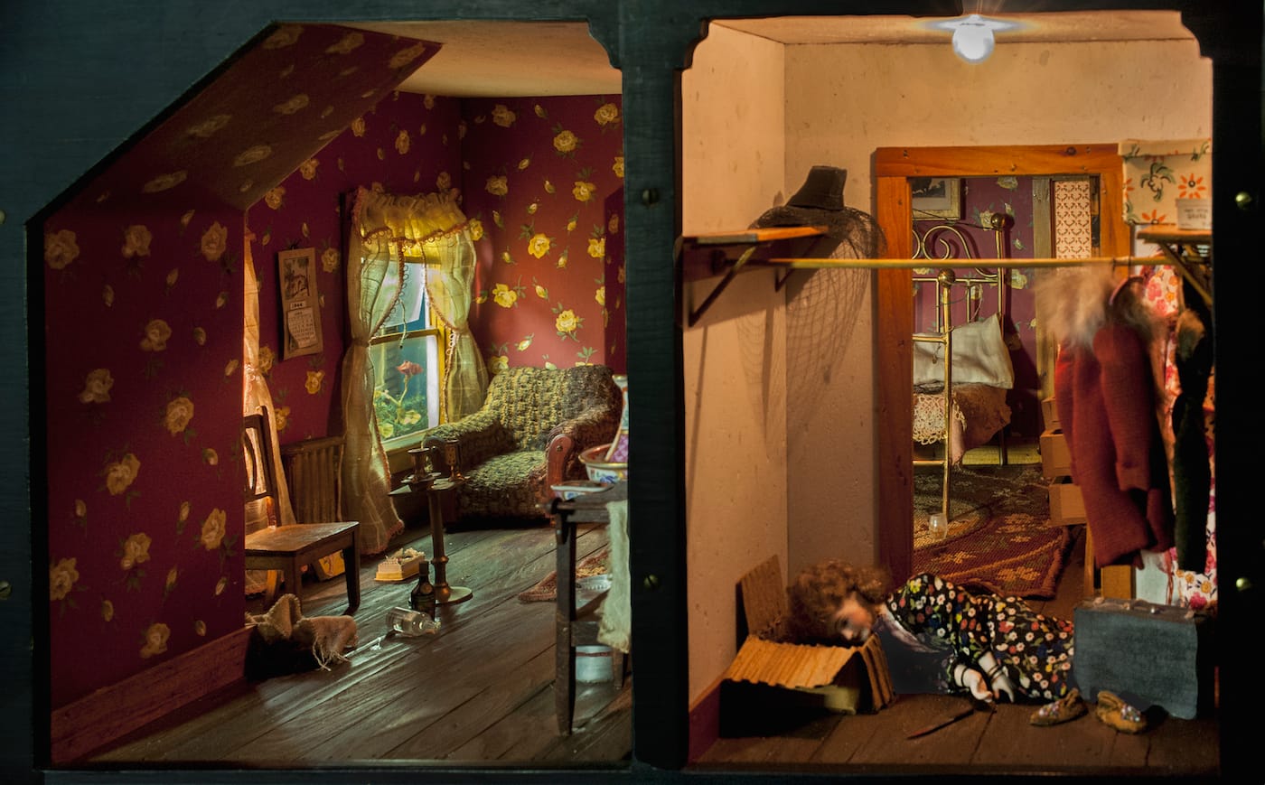 Frances Glessner Lee, "Red Bedroom" (detail) (1944-48) (Collection of the Harvard Medical School, Harvard University, courtesy Office of the Chief Medical Examiner, Baltimore)