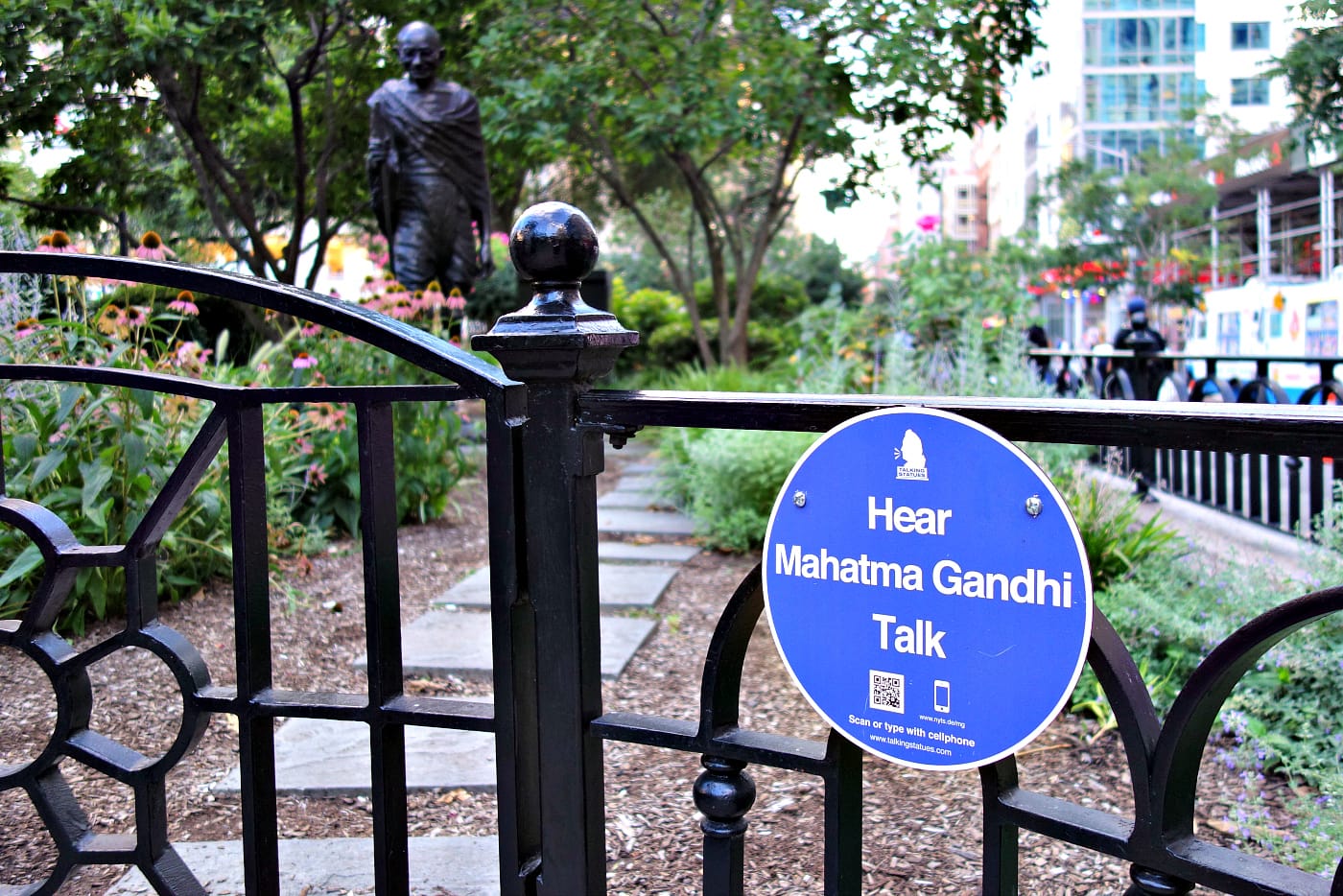 Talking Statues plaque at the Mahatma Gandhi statue in Union Square, Manhattan (photo by the author for Hyperallergic)