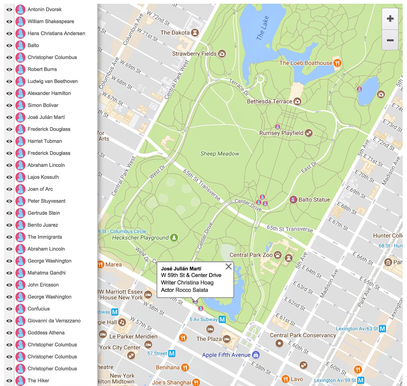 The New York Talking Statues map (screenshot by the author for Hyperallergic)