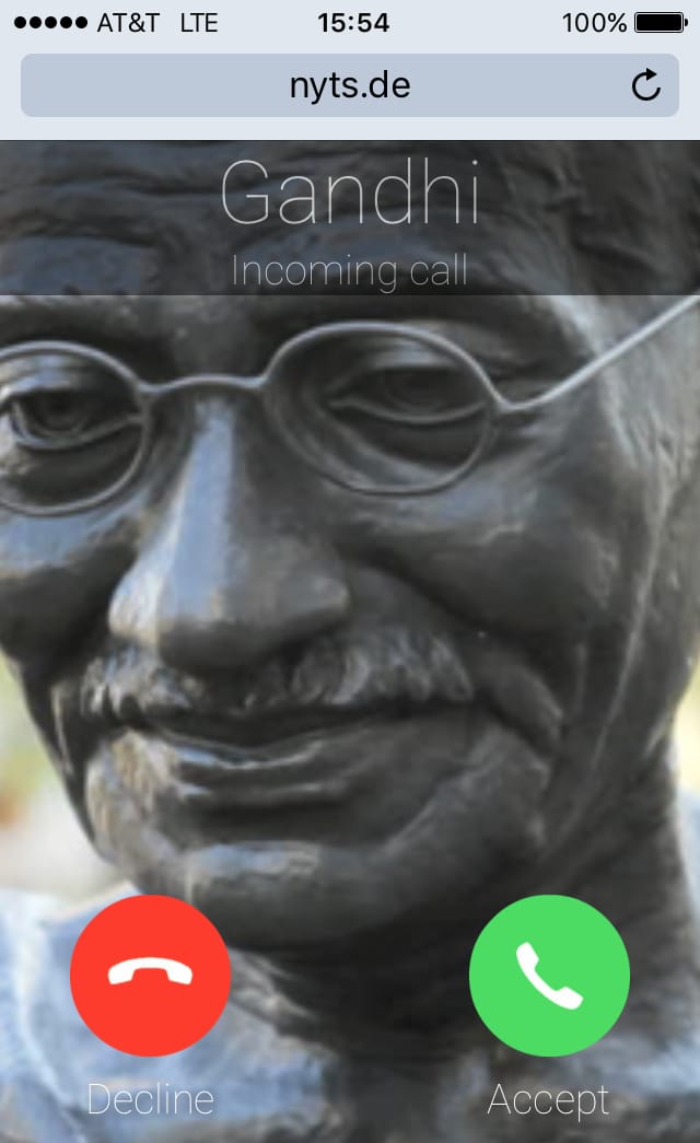 Incoming call from Gandhi through the Talking Statues project (screenshot by the author for Hyperallergic)