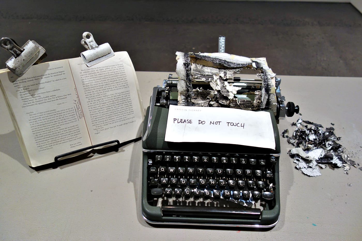 The completed typing by Tim Youd of Patricia Highsmith's <em>The Talented Mr. Ripley</em>, on view in Cristin Tierney Gallery (photo by the author for Hyperallergic)