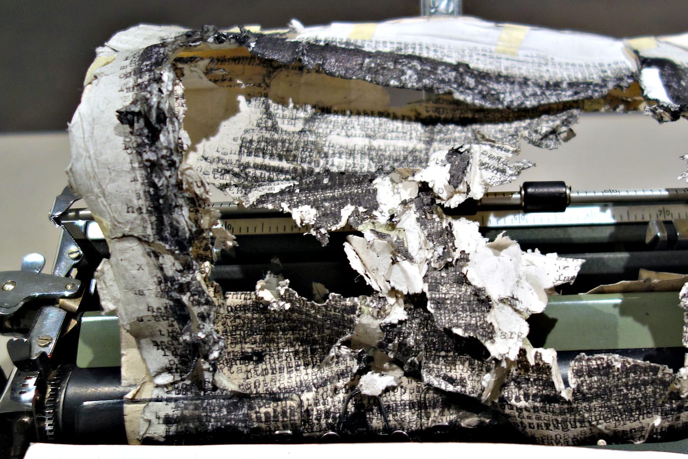 The completed typing by Tim Youd of Patricia Highsmith's <em>The Talented Mr. Ripley</em>, on view in Cristin Tierney Gallery (photo by the author for Hyperallergic)