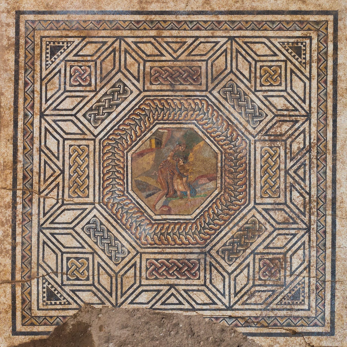 Mosaic at the Roman site in Vienne with a central image of Pan abducting Thalia (photo courtesy Archeodunum)
