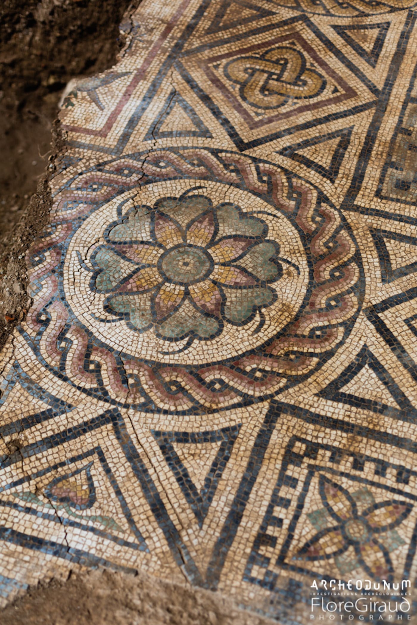 Detail of a mosaic at the archaeological dig site in Vienne (photo by Flore Giraud, courtesy Archeodunum)