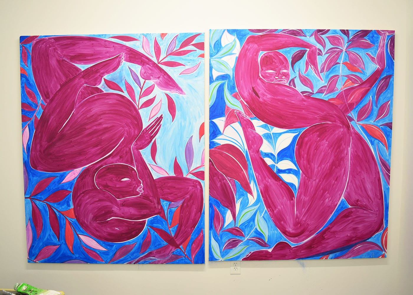 Paintings by Tunji Adeniyi-Jones in his studio at Aquarius Studios (photo Benjamin Sutton/Hyperallergic)