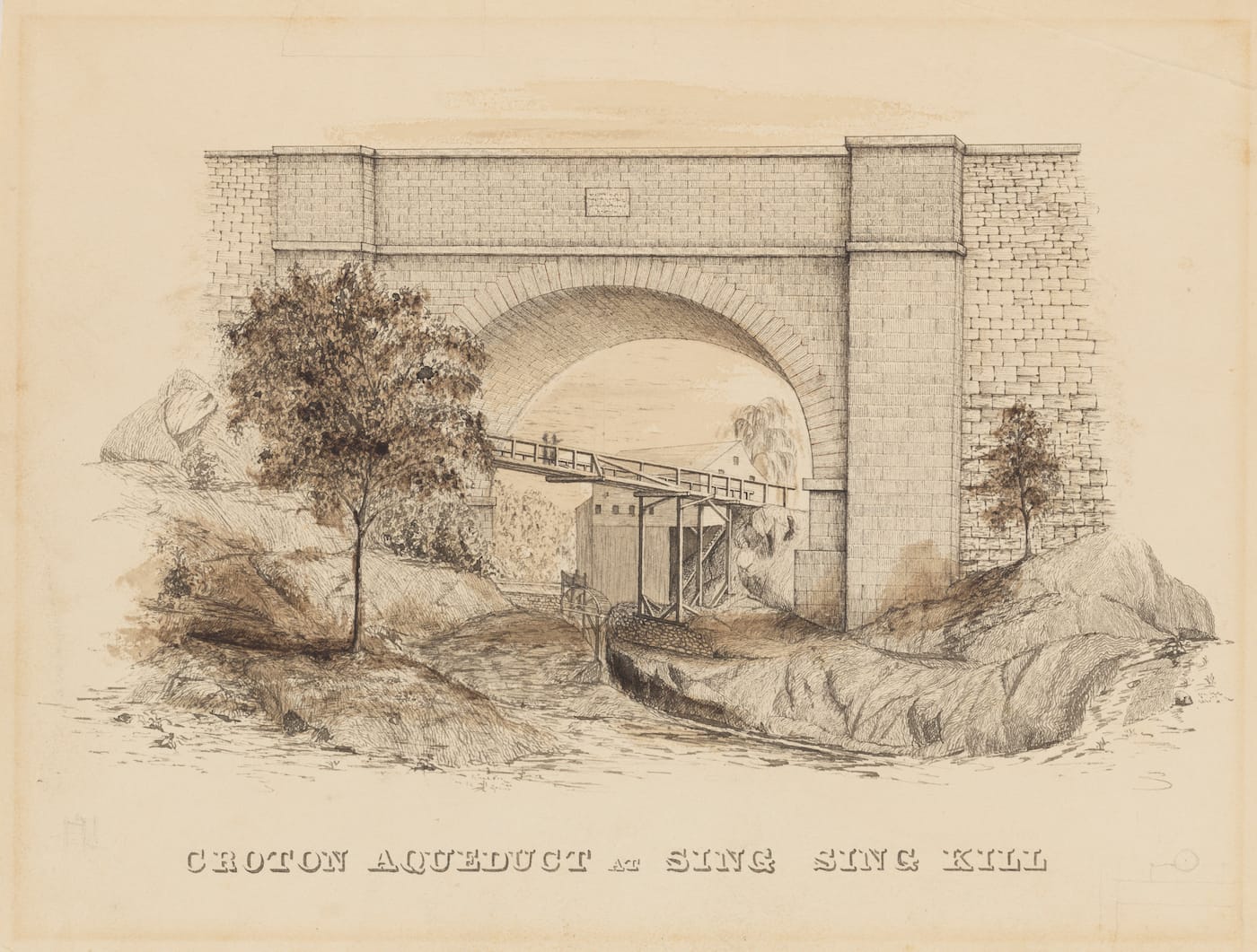 "Croton Aqueduct at Sing Sing Kill" (1842), ink on paper by Fayette B. Tower (courtesy Museum of the City of New York, gift of Helen Tower Wilson)