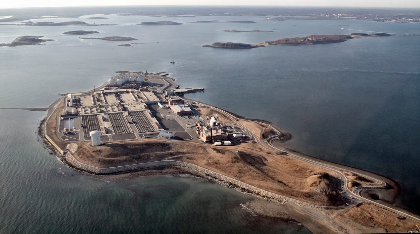 Aerial view of Deer Island (2008) (photo by Doct Searls/Wikimedia)
